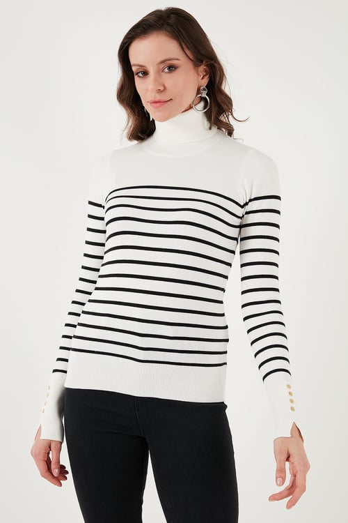Fashion Friends Regular Fit Balıkçı Yaka Düğme Detaylı Bayan Kazak 25K0024K1 Ekru Çizgili