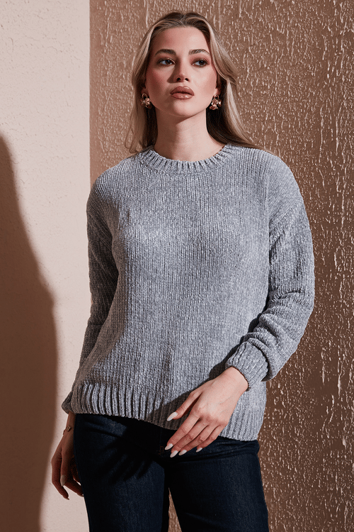 Fashion Friends Regular Fit Bisiklet Yaka Şönil Bayan Kazak 25K0160K1 GRİ
