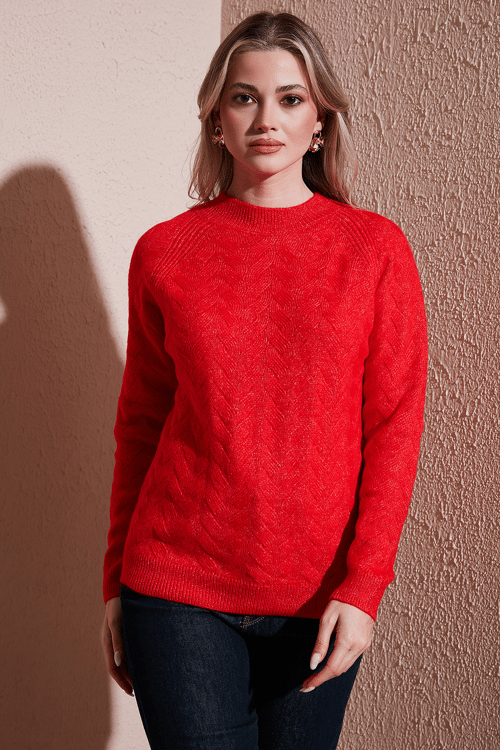 Fashion Friends Regular Fit Dik Yaka Örme Bayan Kazak 25K0069K1 KIRMIZI