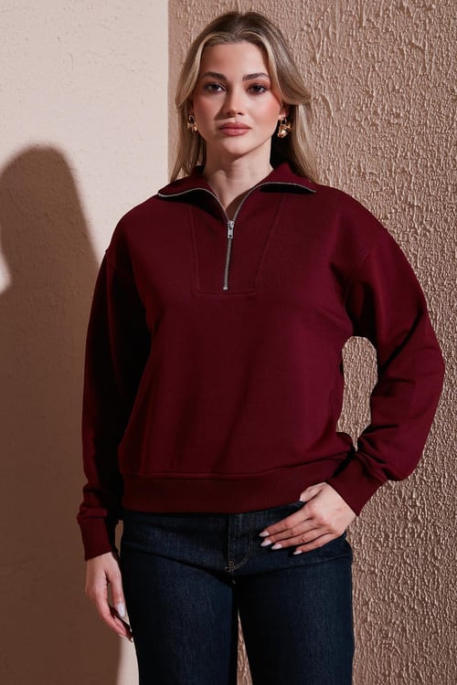 Fashion Friends Regular Fit Dik Yaka Yarım Fermuarlı Bayan Sweat 25K0166K1 BORDO