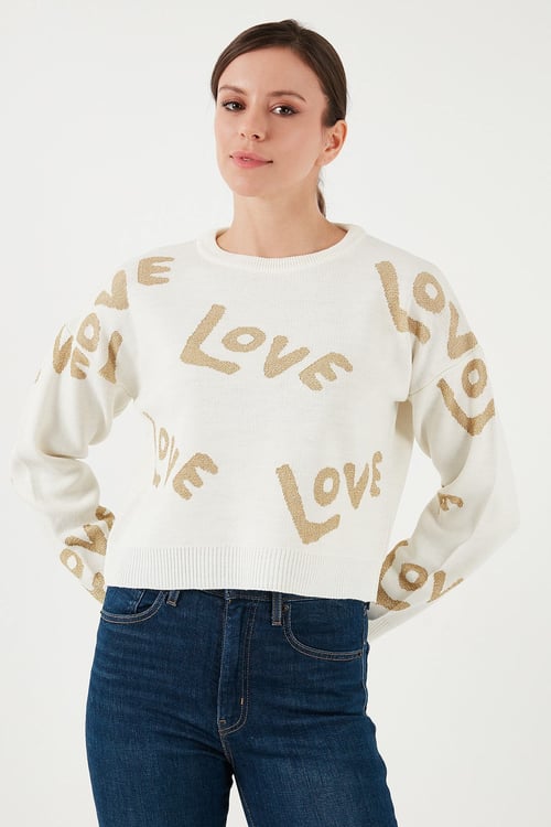 Fashion Friends Regular Fit Sıfır Yaka Simli Kadın Kazak 24K0261K1 EKRU