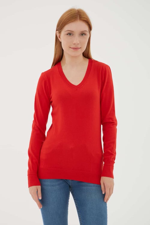 Fashion Friends Regular Fit V Yaka Bayan Kazak 25K0778K1 KIRMIZI