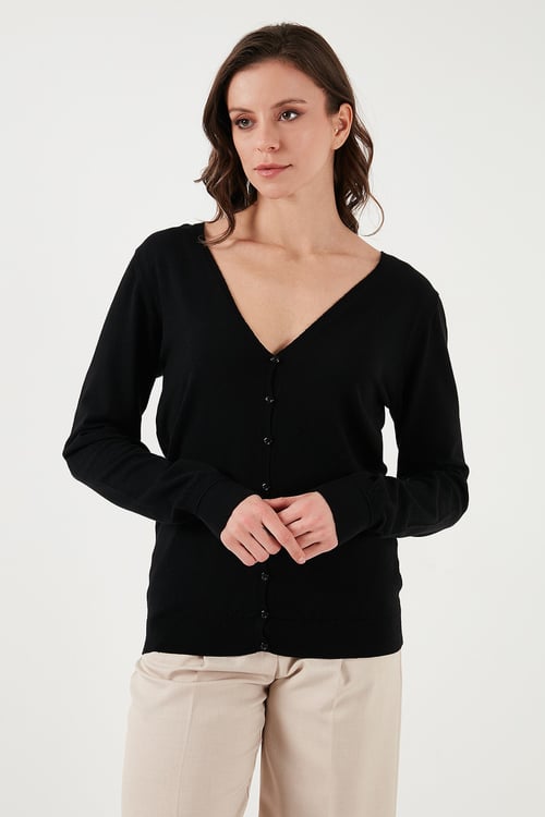 Fashion Friends Regular Fit V Yaka Düğmeli Bayan Hırka 25K0781K1 SİYAH