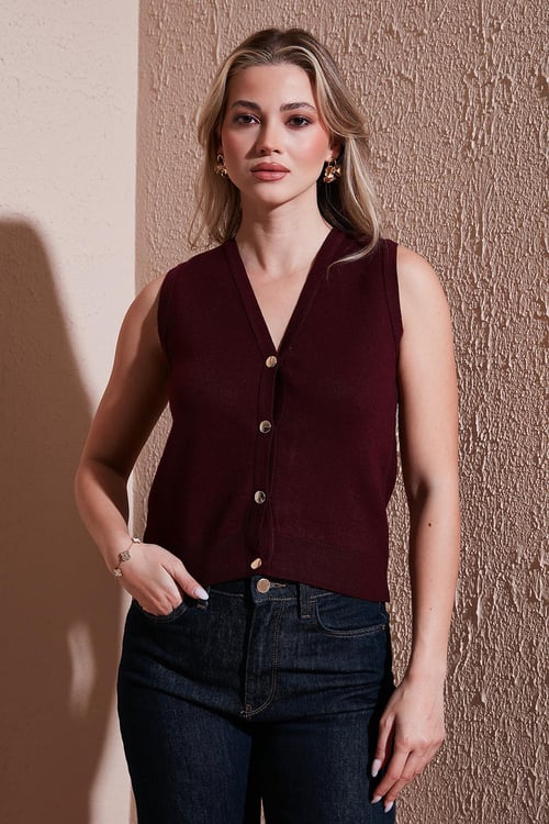Fashion Friends Regular Fit V Yaka Triko Bayan Yelek 25K0148K1 BORDO