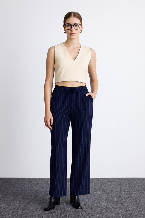 Fashion Friends Regular Fit Yüksel Bel Geniş Paça Bayan Pantolon 25K0393K1 LACİVERT