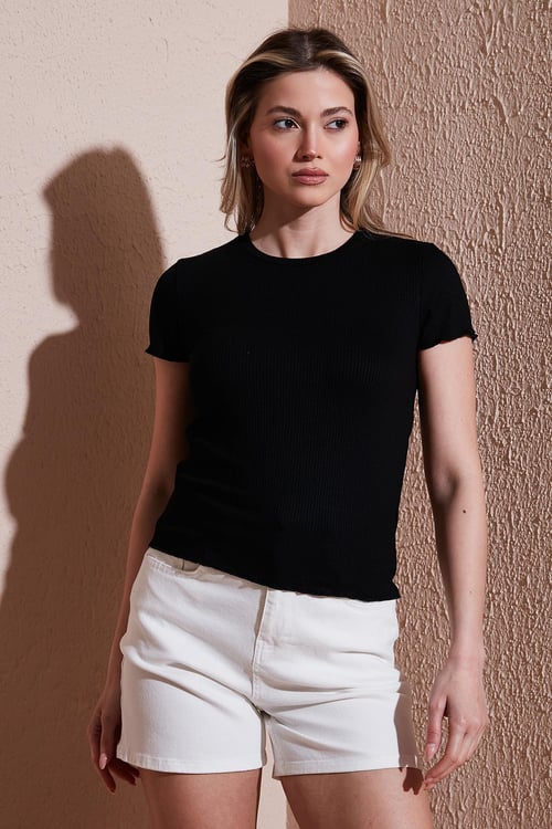 Fashion Friends Slim Fit Bisiklet Yaka Fitlli Crop Bayan T Shirt 25Y0444K1 SİYAH