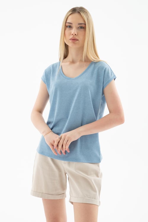 Fashion Friends Standart Fit Yuvarlak Yaka Simli Bayan Bluz 25Y0202K1 MAVİ