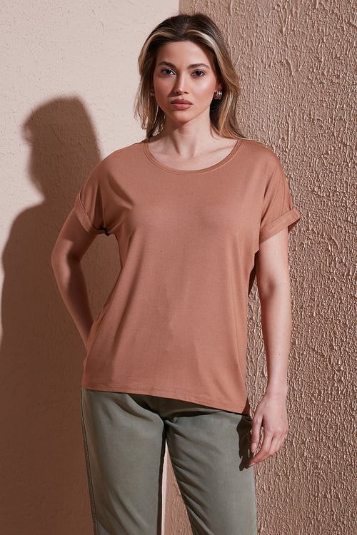 Fashion Friends Streç Regular Fit Yuvarlak Yaka Bayan Bluz 25Y0194K1 KAHVE