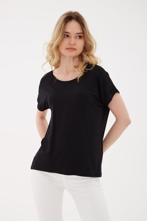 Fashion Friends Streç Regular Fit Yuvarlak Yaka Bayan Bluz 25Y0194K1 SİYAH