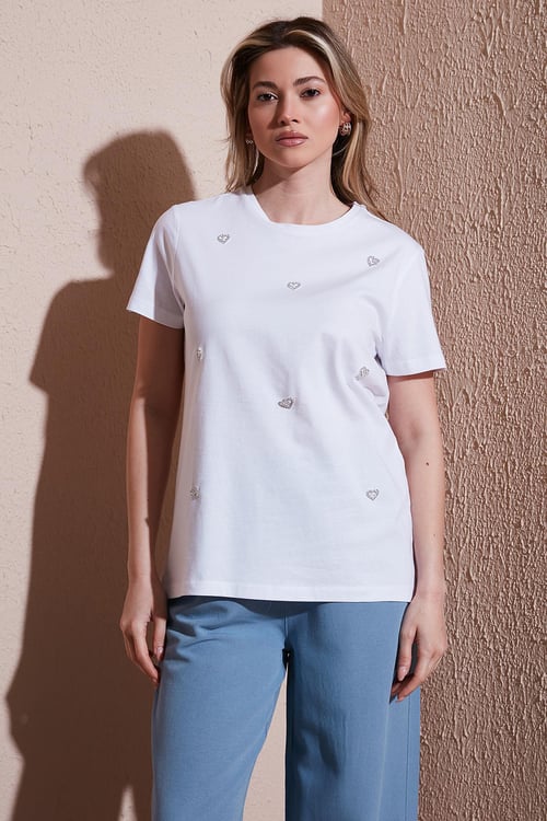 Fashion Friends Taşlı % 100 Pamuk Regular Fit Bisiklet Yaka Bayan Bluz 25Y0414K1 BEYAZ