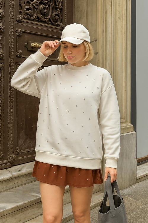 Fashion Friends Taşlı Pamuklu Regular Fit Bisiklet Yaka Bayan Sweat 25K0099K1 EKRU