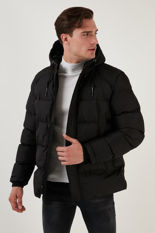 Fermuarlı Cepli Slim Fit Kapüşonlu Şişme Erkek Mont 5711050 SİYAH