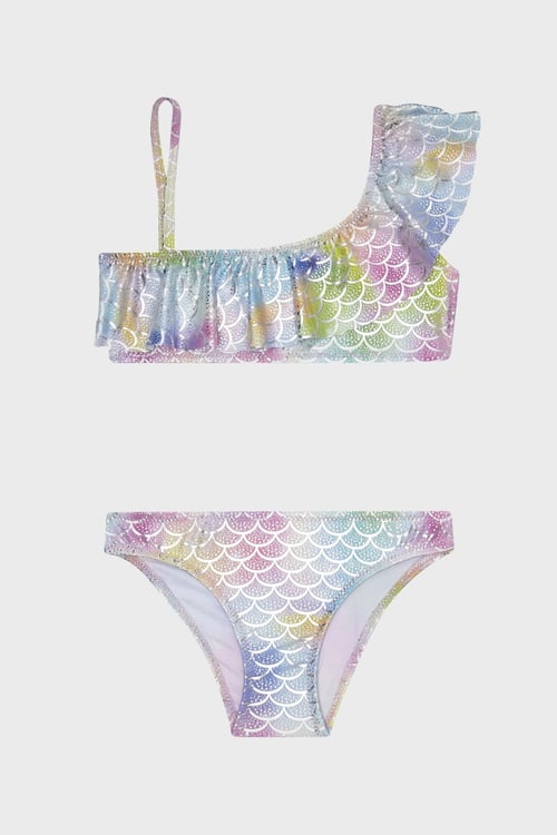 Finny Tek Omuz Detaylı Kolay Kuruyan Uv Korumalı  Fırfırlı Kız Çocuk Bikini SB2314000617 MAVİ-YEŞİL
