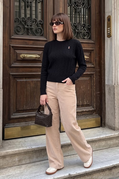 Fitilli Kadife Dokulu Bol Paça Wide Leg Kadın Pantolon 668YP5682 KOYU TAŞ