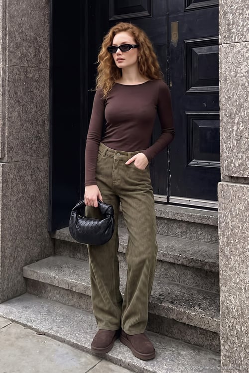 Fitilli Kadife Dokulu Bol Paça Wide Leg Kadın Pantolon 668YP5682 HAKİ