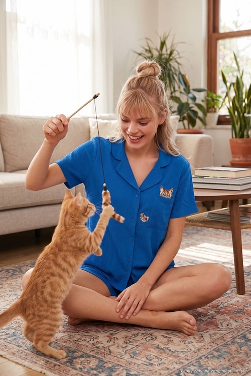 Gömlek Yaka Beli Lastikli Kısa Kollu Şortlu Kadın Pijama Takımı 611PT00123 MAVİ