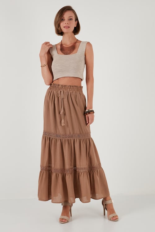 Güpürlü Beli Lastikli Uzun Kadın Etek 611ET0106 CAMEL