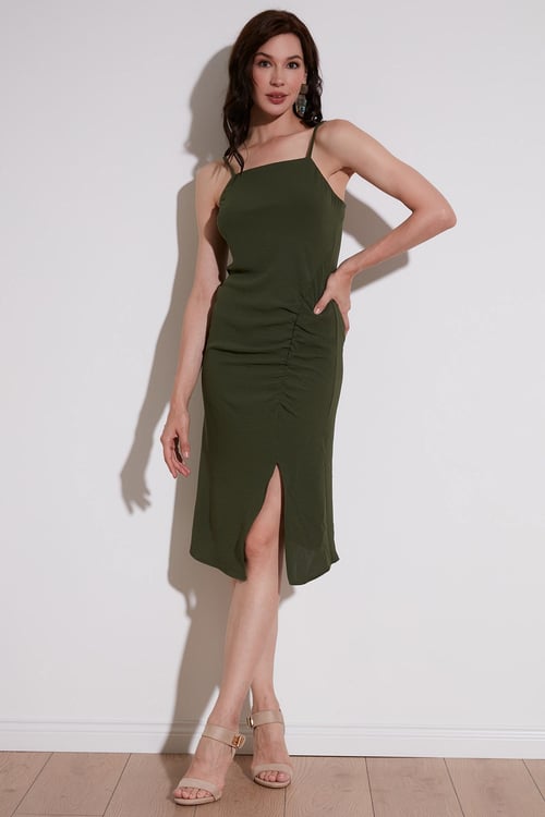 Halter Yaka İp Askılı Yırtmaçlı Kadın Elbise 6057149 AÇIK HAKİ