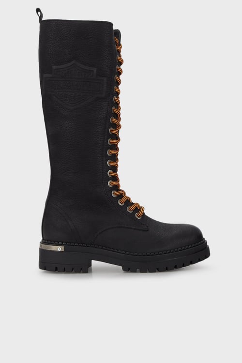 Harley Davidson Logolu Fermuarlı Nubuk Deri Pasos Bayan Çizme 026Z100028 Black Baskılı Nubuk