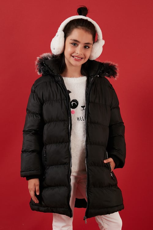 İçi Peluş Astarlı Çıkarılabilir Kapüşonlu Suya Dayanıklı Kız Çocuk Mont 5761910 SİYAH