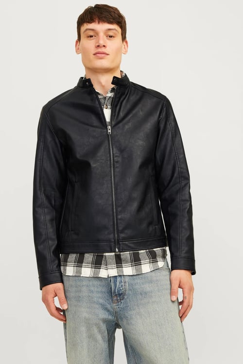 Jack & Jones Essentials Jjedylan Regular Fit Dik Yaka Fermuarlı Erkek Deri Ceket 12261195 SİYAH