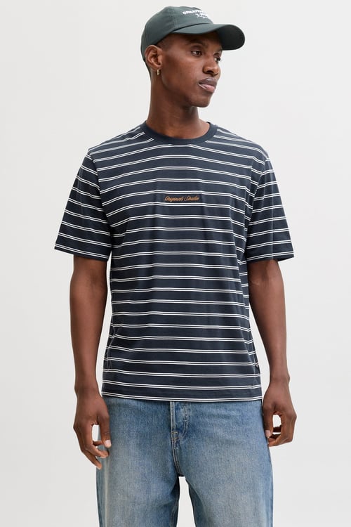 Jack & Jones Originals Çizgili Pamuklu Relaxed Fit Bisiklet Yaka Erkek T Shirt 12291021 LACİVERT-BEYAZ