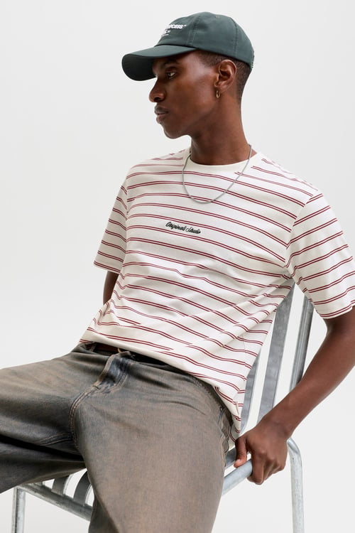 Jack & Jones Originals Çizgili Pamuklu Relaxed Fit Bisiklet Yaka Erkek T Shirt 12291021 BEYAZ-BORDO