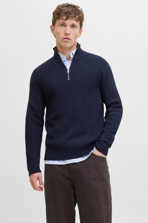 Jack & JonesJjpannel Pamuk Karışımlı Regular Fit Yarım Fermuarlı Dik Yaka Erkek Kazak 12278919 LACİVERT