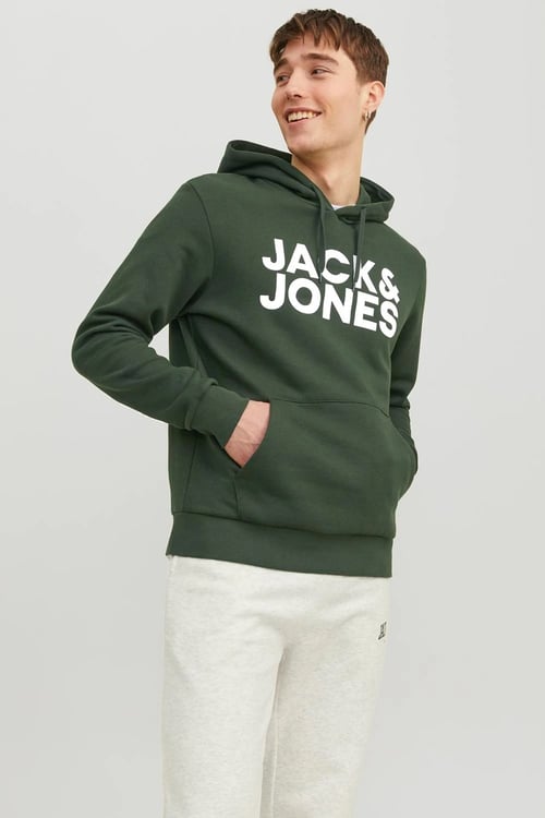 Jjecorp Pamuklu Regular Fit Logolu Kapüşonlu Erkek Sweat 12152840 KOYU YEŞİL