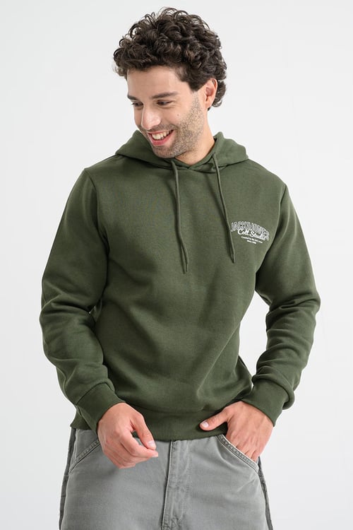 Jjmakoto Pamuk Karışımlı Regular Fit Baskılı Kapüşon Yaka Erkek Sweat 12278606 KOYU YEŞİL