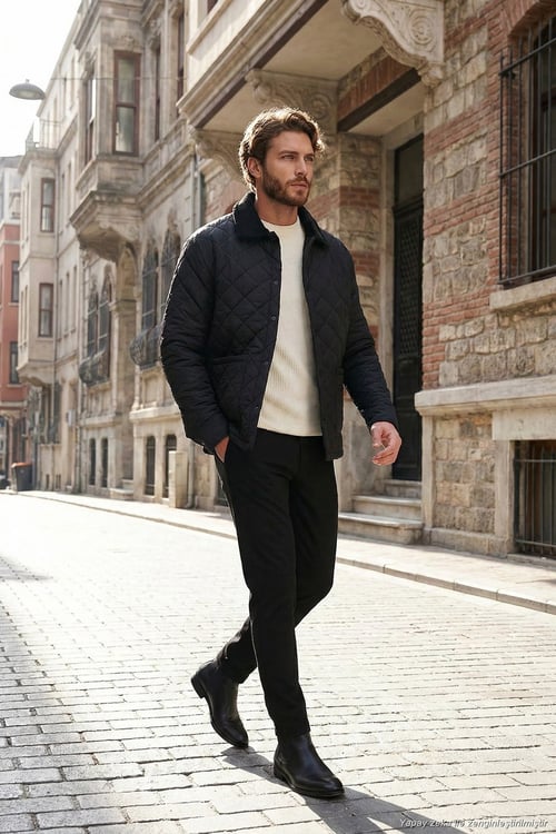 Kapitoneli Regular Fit Kadife Detaylı Erkek Mont 497LEROY SİYAH
