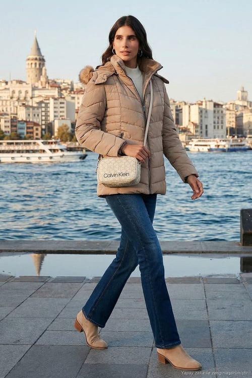 Kapitoneli Slim Fit Çıkarılabilir Kapüşonlu Kadın Mont 497MARA BEJ