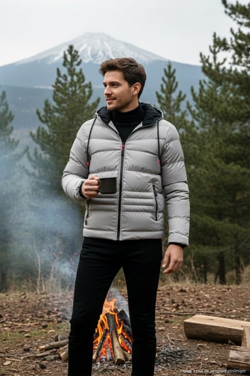 Kapüşonlu Cepli Slim Fit Şişme Erkek Mont 6490001 TAŞ