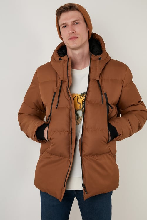 Kapüşonlu Suya ve Rüzgara Dayanıklı Soğuk Geçirmez Slim Fit Erkek Mont 5717101 TABA