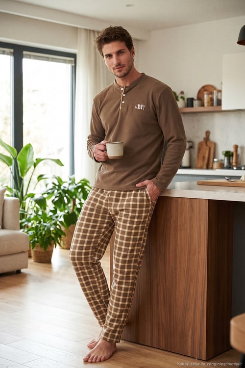 Kareli Düğmeli Hakim Yaka Yumuşak Dokulu Polar Erkek Pijama Takımı 6097023 CAMEL