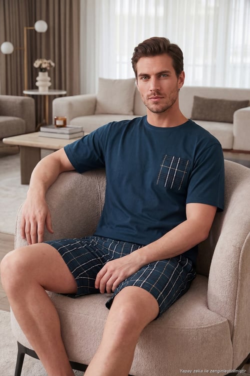 Kareli Pamuklu Regular Fit Şortlu Erkek Pijama Takımı 6572021 LACİVERT