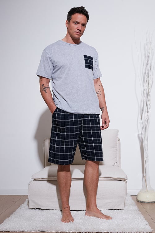 Kareli Regular Fit Pamuklu Bisiklet Yaka Kısa Kollu Şortlu Erkek Pijama Takımı 6572020 GRİ MELANJ