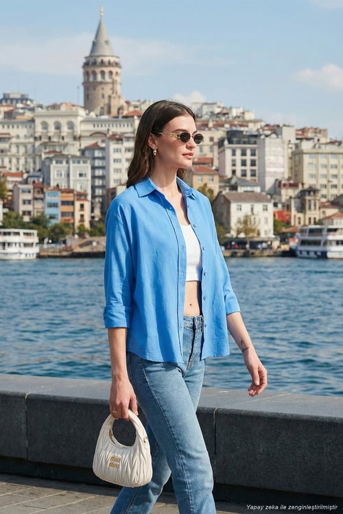 Keten ve Pamuk Karışımlı Regular Fit Önü Kısa Arkası Uzun Kadın Gömlek 6772853 İNDİGO
