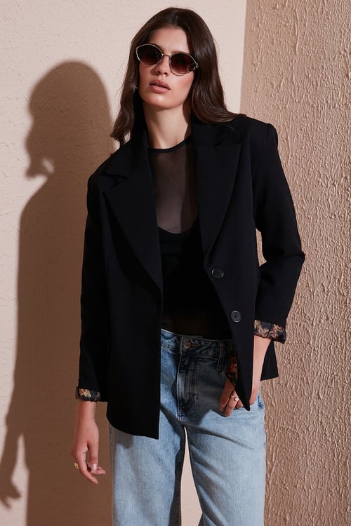 Kruvaze Yaka Desenli Astar Detaylı Blazer Kadın Ceket 6523001 SİYAH