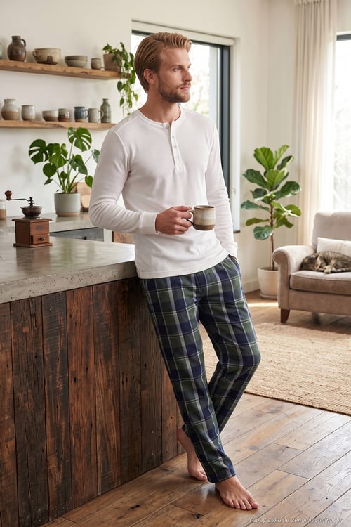 Lastikli Bel Düz Paça Yumuşak Dokulu Polar Erkek Pijama Altı 6098001 YEŞİL