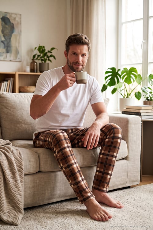 Lastikli Bel Düz Paça Yumuşak Dokulu Polar Erkek Pijama Altı 6098001 CAMEL