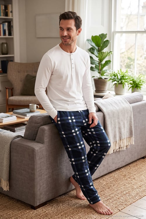 Lastikli Bel Düz Paça Yumuşak Dokulu Polar Erkek Pijama Altı 6098001 LACİVERT-YEŞİL