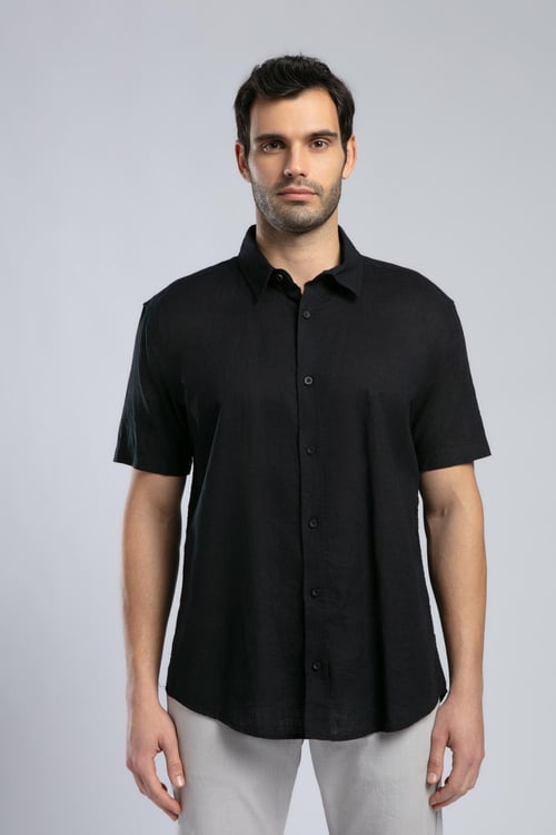 Lee Cooper Pamuk ve Keten Karışımlı Regular Fit Kısa Kollu Erkek Gömlek 252 LCM 241017 8101 SİYAH