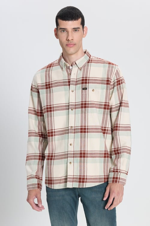 Lee Pamuklu Relaxed Fit Cepli Klasik Yaka Kareli Erkek Gömlek L66I6720 543 EKRU