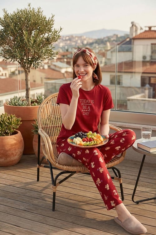 Lela % 100 Pamuk Regular Fit Desenli Bisiklet Yaka Kadın Pijama Takımı 65790784 KIRMIZI