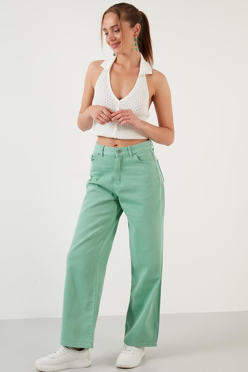 Lela % 100 Pamuk Yüksek Bel Wide Leg Jeans Bayan Kot Pantolon 58716665SALAS YEŞİL