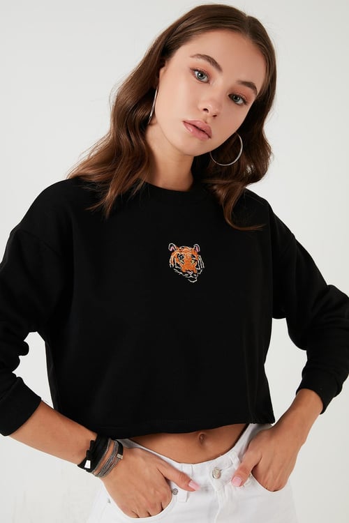 Lela Baskılı Bisiklet Yaka Pamuklu Crop Bayan Sweat 601MS1342 SİYAH