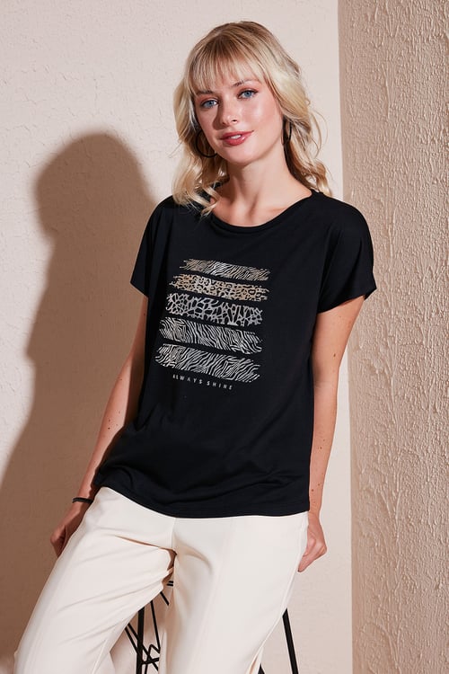 Lela Baskılı Bisiklet Yaka Regular Fit Bayan T Shirt 6671003 SİYAH