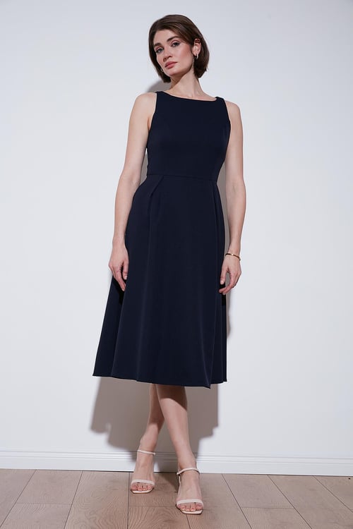 Lela Bisiklet Yaka Regular Fit Cepli Pileli Midi Bayan Elbise 6051963 LACİVERT