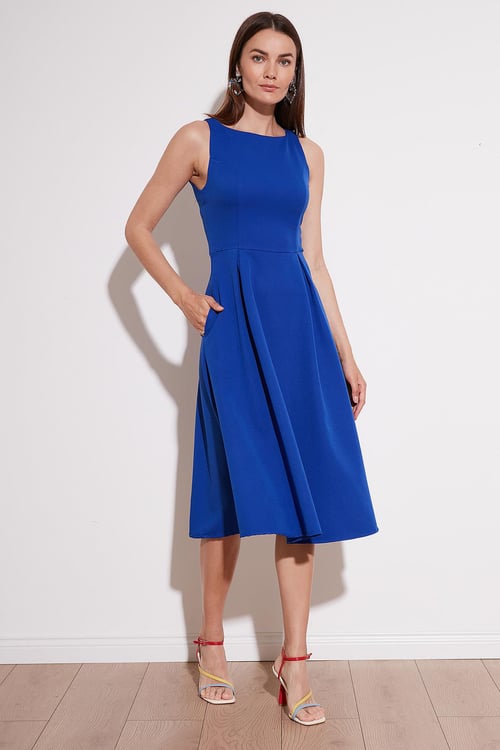 Lela Bisiklet Yaka Regular Fit Cepli Pileli Midi Bayan Elbise 6051963 SAKS